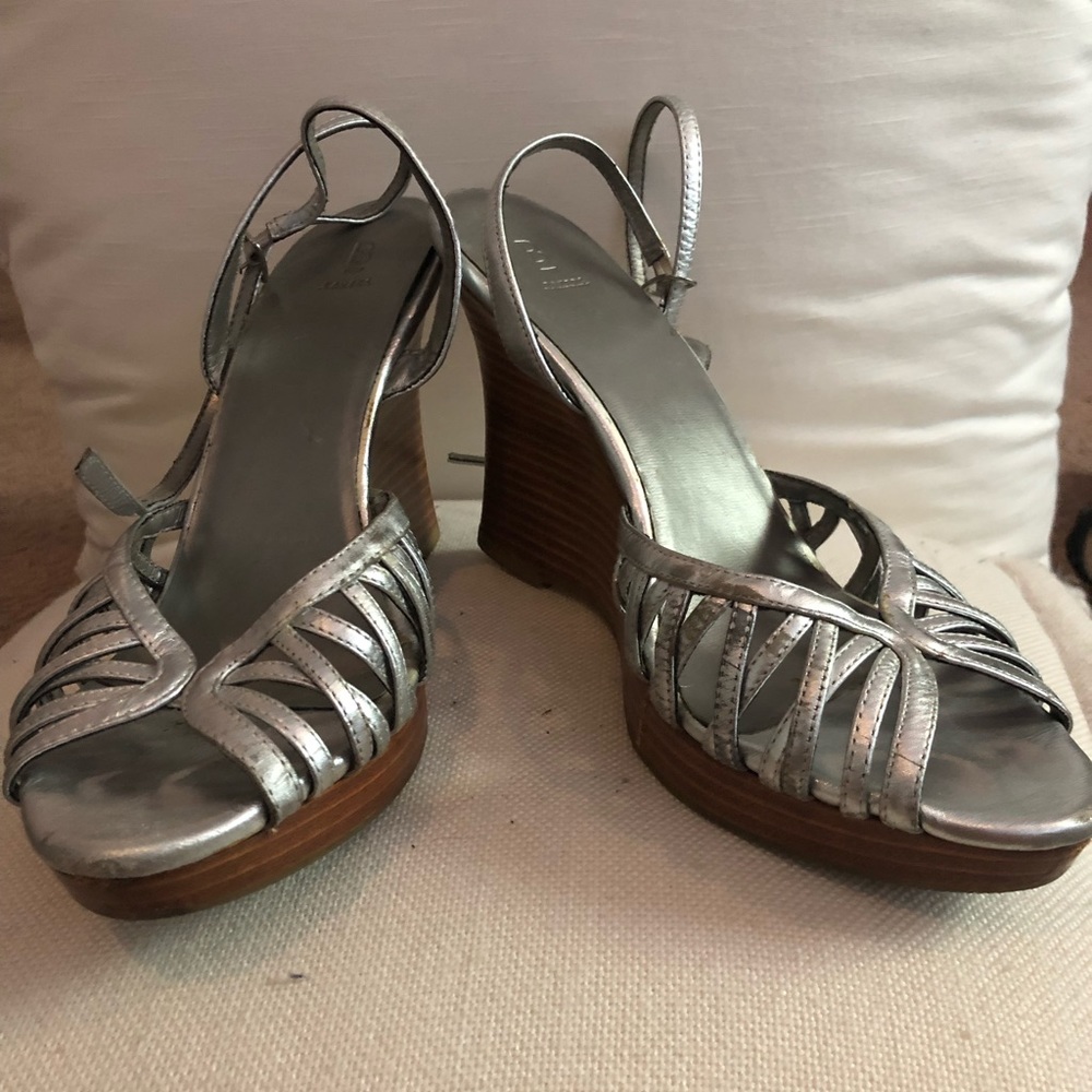 Baker’s Silver Leather and Wood Heel Wedge
